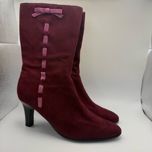 Y2K Vintage 90s Red Suede Bootie Heel with Pink Ribbon Bow Detail 2in Size 6.5